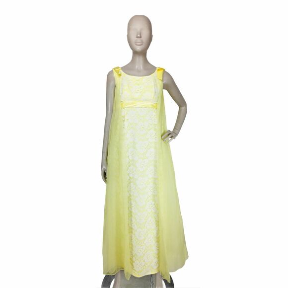 VTG 60s Yellow Floral Lace Chiffon Organza Cape Train Shoulder Bows Maxi Dress - Picture 7 of 12